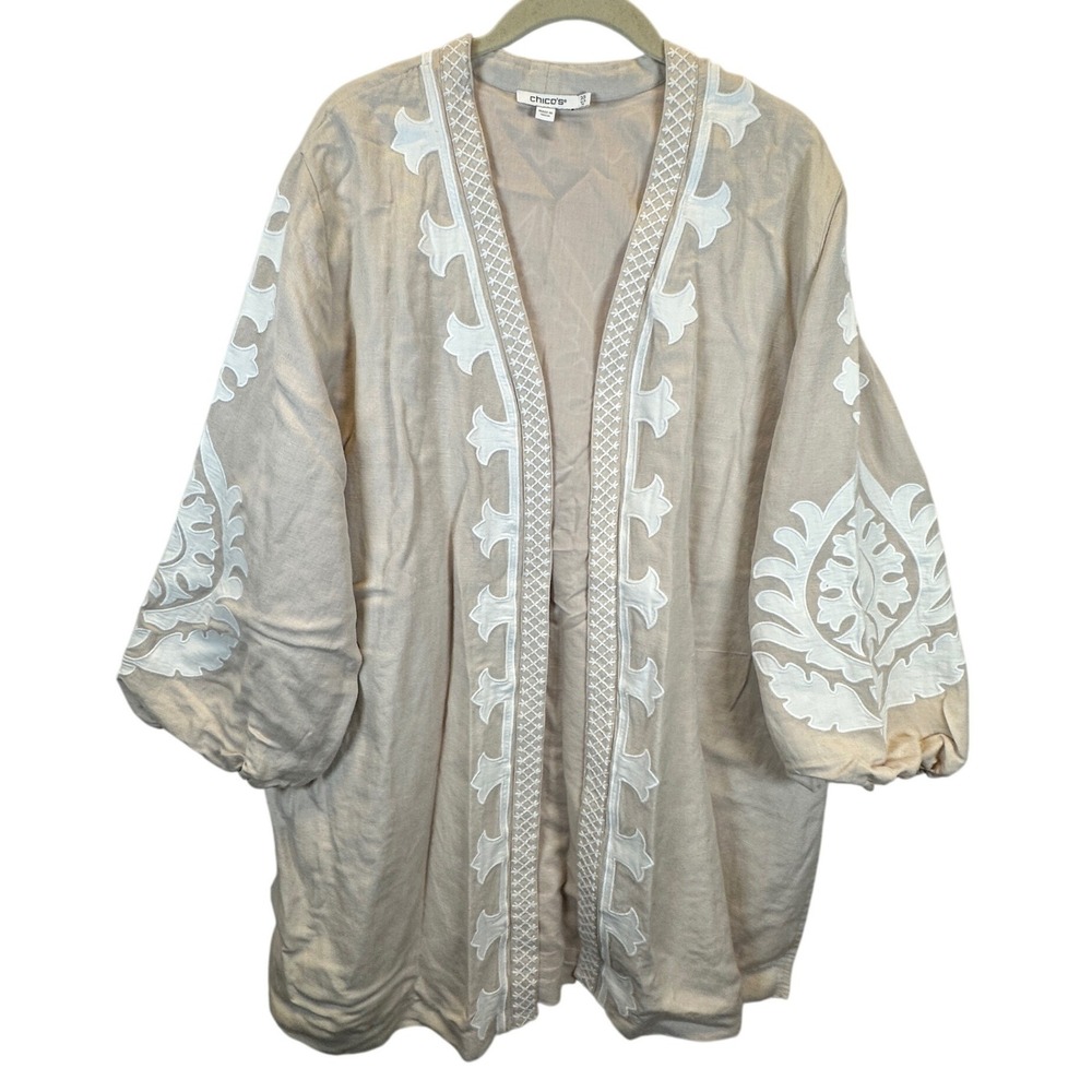 Chicos Beige Linen Blend Embroidered Open Front Kimono Jacket Size 14 2.5